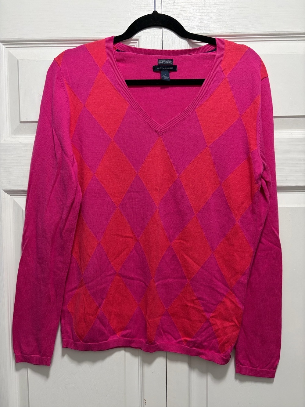 Tommy Hilfiger Pink Argyle V-Neck Pima cotton Sweater Large